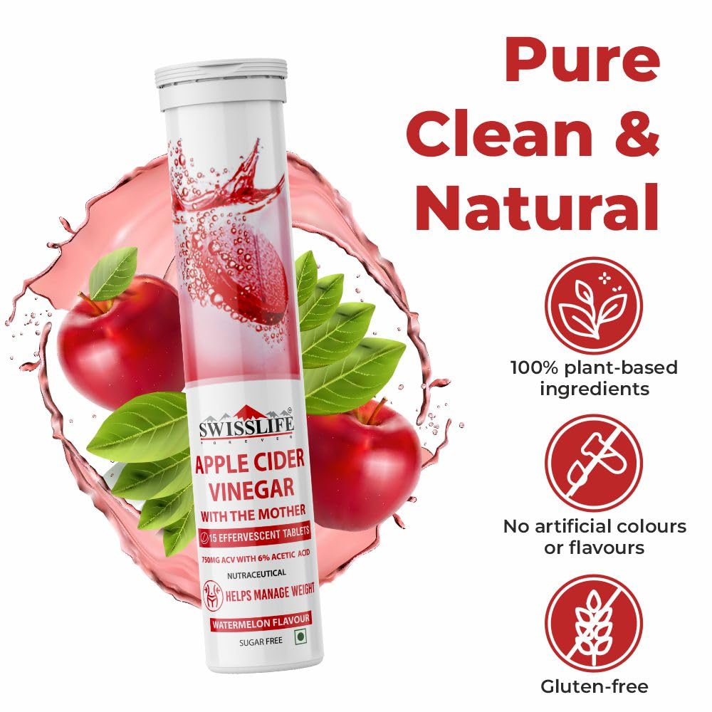 SwissLife Forever Apple Cider Vinegar 750 mg Effervescent Tablets | with Vit.B6, Vit.B12 | Helps with weight management, Supports digestion, No added Sugar | Watermelon flavor (15 Tablets, Pack of 4)