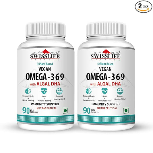 SWISSLIFE FOREVER Plant Based Vegan Omega 3 6 9 with Algal DHA | Support Brain, Nerve, Heart & Immune Health | Healthy Skin for Men & Women (90 Capsules, Pack of 2)
