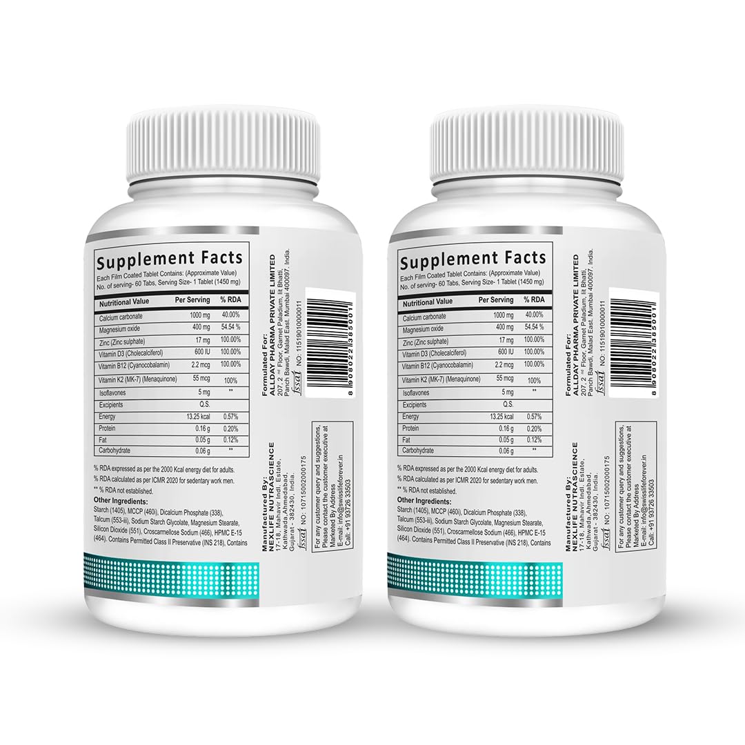 SwissLife Forever Calcium Magnesium Zinc with Vitamin D3, K2 MK7 & B12 | Bone Strength, Immunity & Nerve Health Support | Calcium Supplement for Men & Women | 60 Tablets (Pack of 2)