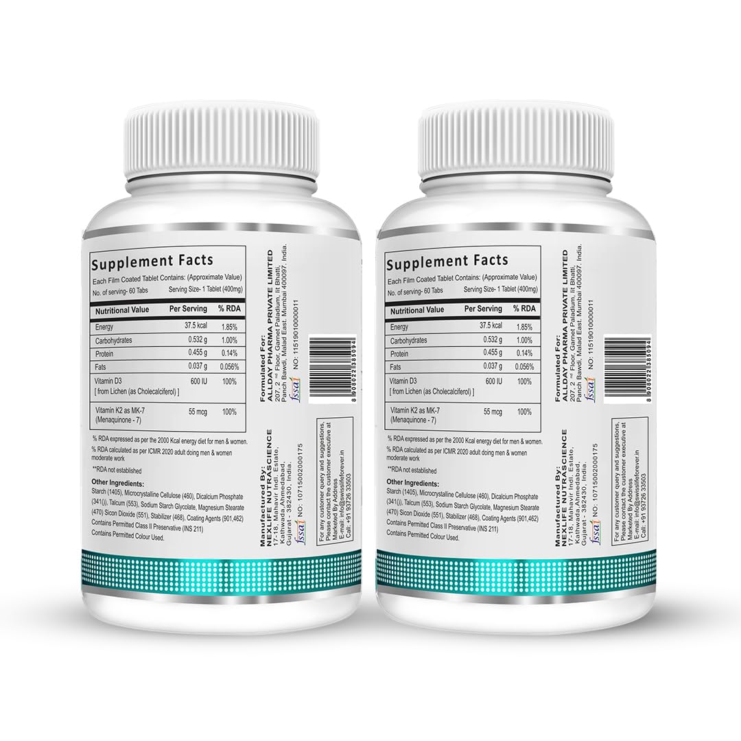 SwissLife Forever Vitamin D3 + K2 (MK7) | Plant-Based Vitamin D3 from Lichen | Supports Immunity, Heart, Muscle & Bone Health | 60 Veg Tablets (Pack of 2)