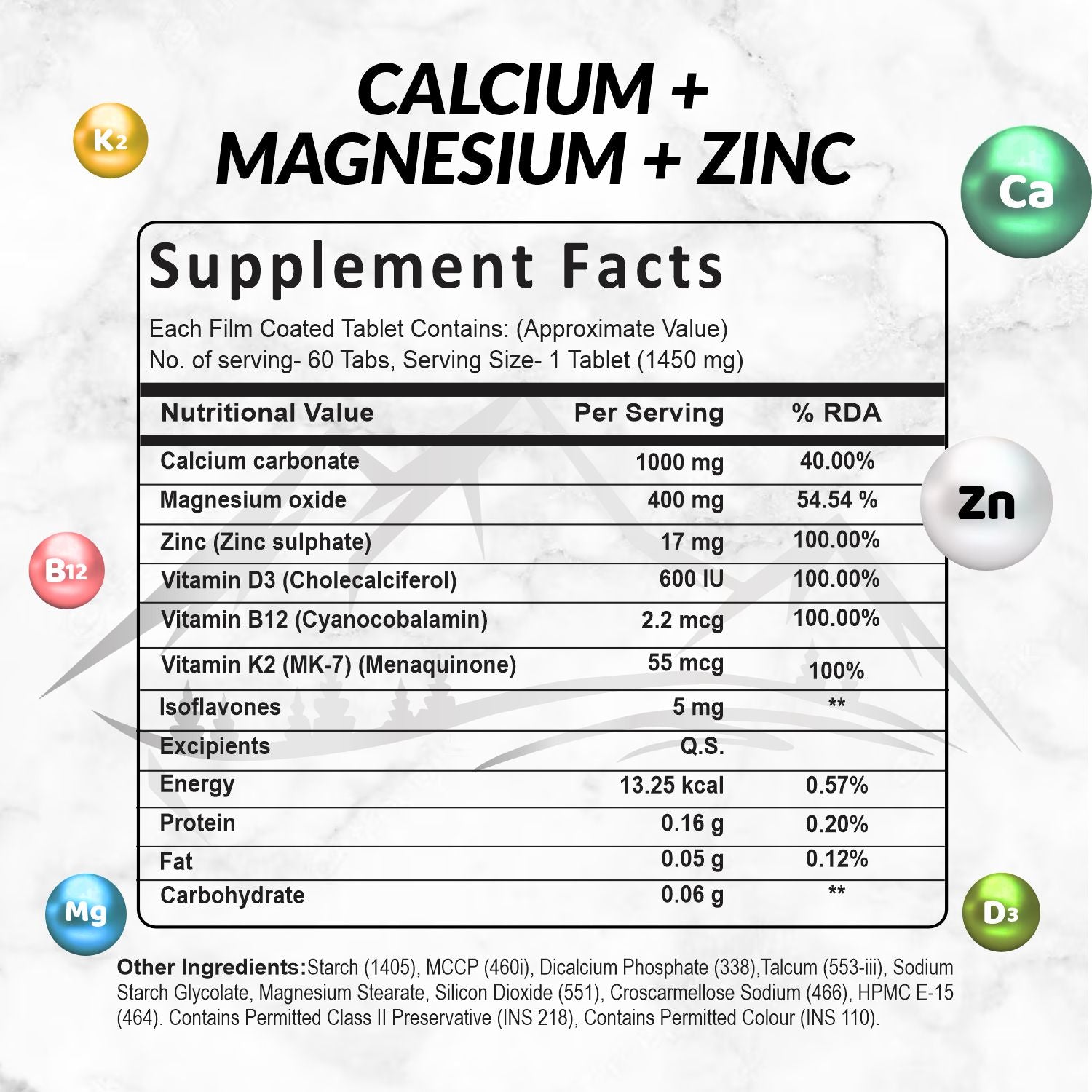 Calcium Magnesium Zinc with Vitamin D3, B12 & K2 | Calcium Tablets for Bone Health & Joint Support – Veg (120 Tablets) for Men & Women