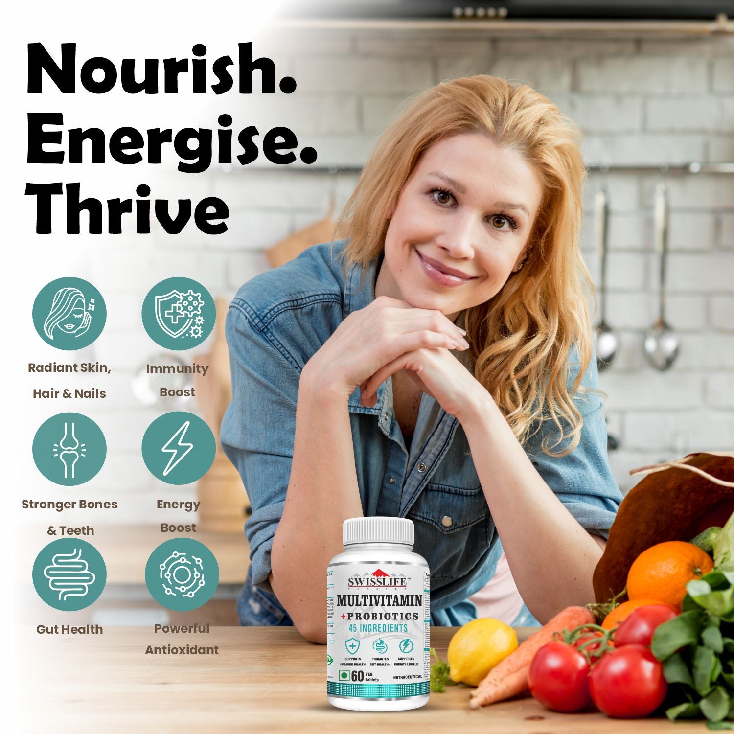 SwissLife Forever Multivitamin with Probiotics | 45 Ingredients with Vitamins A, B Complex, C, D, E, Zinc, Biotin, Minerals & Giloy | For Men & Women | (60 & 120 Tablets)