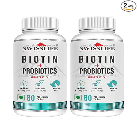 SwissLife Forever Biotin with Probiotics | Hair, Skin & Nail Health Supplement | Plant-Based Biotin Tablets for Men & Women | Supports Hair Growth, Skin Glow & Stronger Nails | 60 Tablets (Pack of 2)