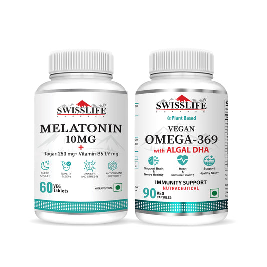 SwissLife Forever combo pack of Melatonin 10 mg+  60 Tablets  & Vegan Omega 3 6 9 with Algal DHA 90 Capsules