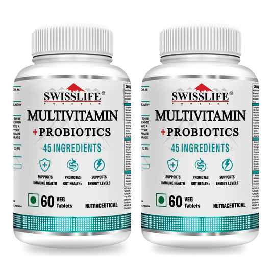 SwissLife Forever Multivitamin with Probiotics | 45 Ingredients with Vitamins A, B Complex, C, D, E, Zinc, Biotin, Minerals & Giloy | For Men & Women | 60 Tablets (Pack of 2)