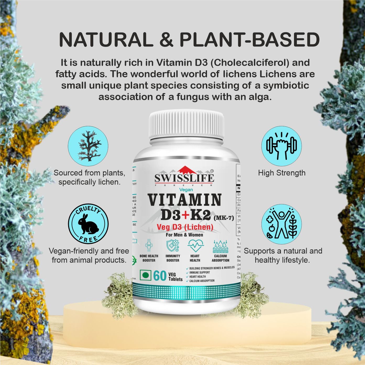 SwissLife Forever Vitamin D3 + K2 (MK7) | Plant-Based Vitamin D3 from Lichen | Supports Immunity, Heart, Muscle & Bone Health | 60 Veg Tablets (Pack of 2)