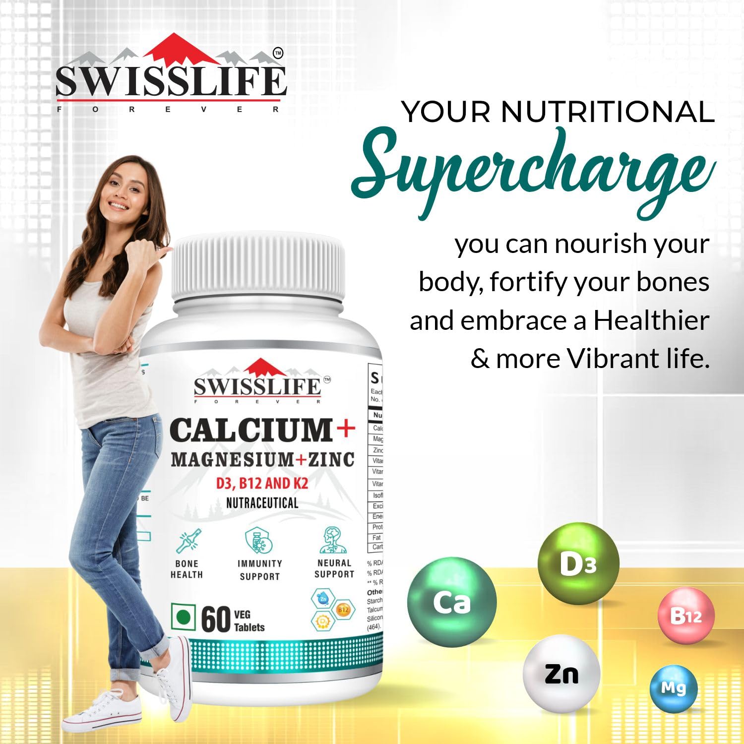 SwissLife Forever Calcium Magnesium Zinc with Vitamin D3, K2 MK7 & B12 | Bone Strength, Immunity & Nerve Health Support | Calcium Supplement for Men & Women | 60 Tablets (Pack of 2)