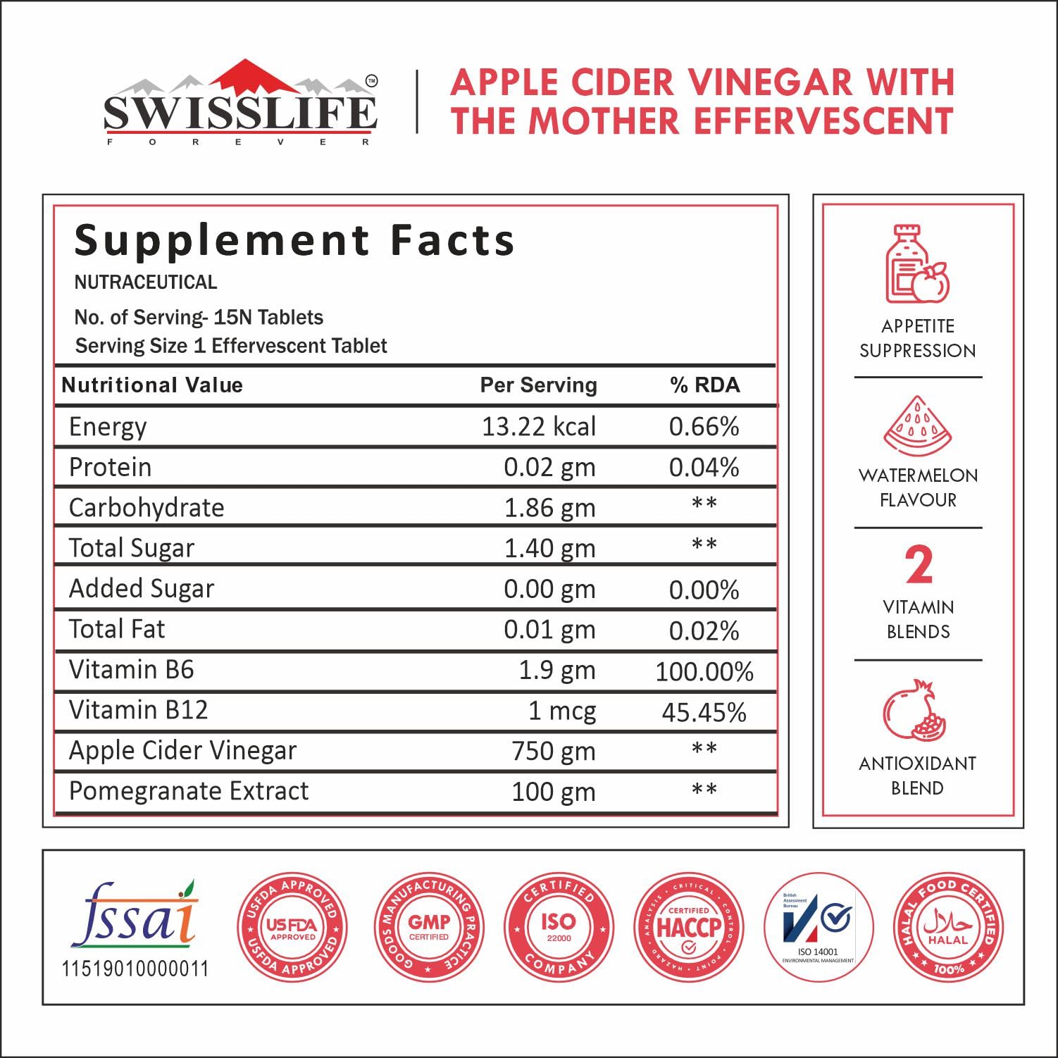 SwissLife Forever Apple Cider Vinegar 750 mg Effervescent Tablets | with Vit.B6, Vit.B12 | Helps with weight management, Supports digestion, No added Sugar | Watermelon flavor (15 Tablets, Pack of 4)