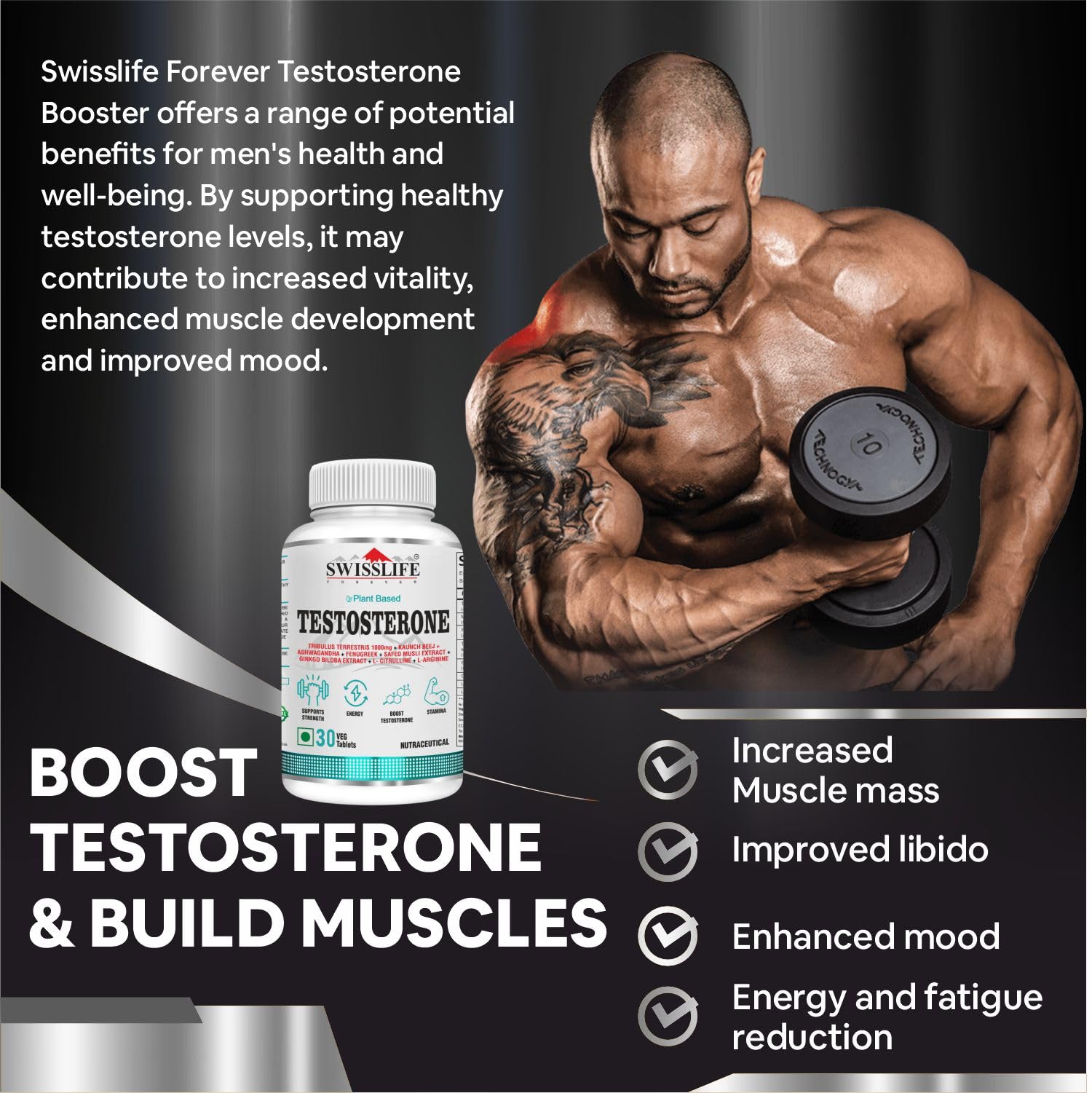SwissLife Forever Testosterone Supplement for Men | Tribulus 1000mg, Ashwagandha, L-Citrulline, Kaunch Beej | Plant-Based Formula | Supports Strength, Stamina, Energy & Performance | 30 Tablets (Pack of 2)