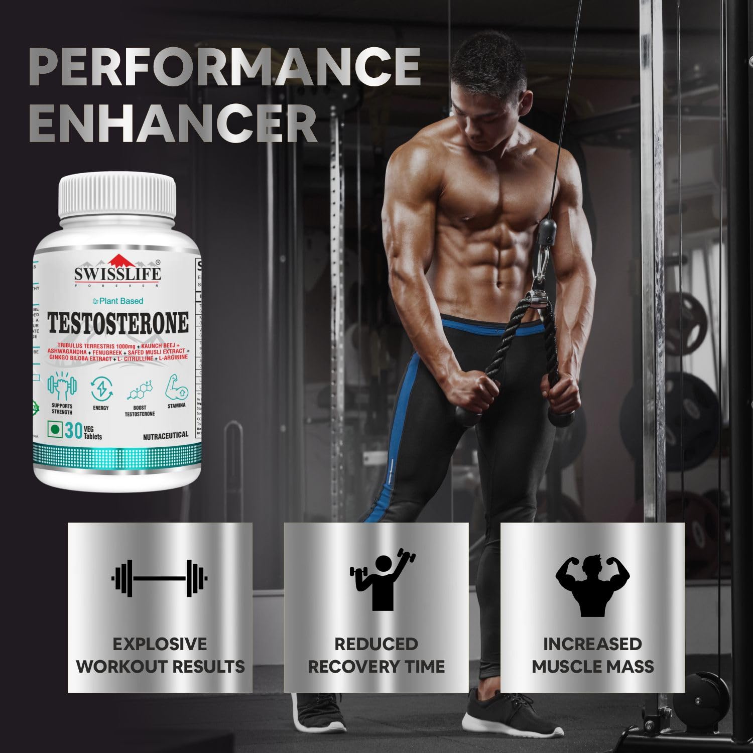 SwissLife Forever Testosterone Supplement for Men | Tribulus 1000mg, Ashwagandha, L-Citrulline, Kaunch Beej | Plant-Based Formula | Supports Strength, Stamina, Energy & Performance | 30 Tablets (Pack of 2)