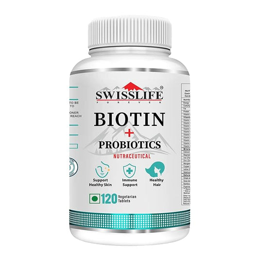 Biotin + Probiotics Supplements for Hair Growth, Glowing Skin & Strengthen Nails - Pack of Vegetarian (60 & 120 Tablets)