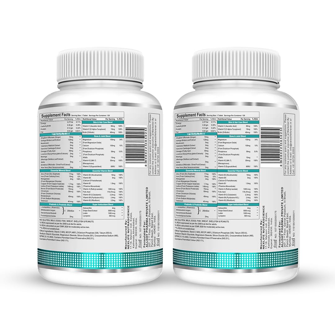 SwissLife Forever Multivitamin with Probiotics | 45 Premium Ingredients | Vitamins A, B Complex, C, D, E, Zinc, Biotin & Giloy | For Men & Women| 120 Tablets (Pack of 2)