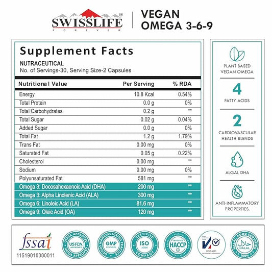 SWISSLIFE FOREVER Plant Based Vegan Omega 3 6 9 with Algal DHA | Support Brain, Nerve, Heart & Immune Health | Healthy Skin for Men & Women (90 Capsules, Pack of 2)