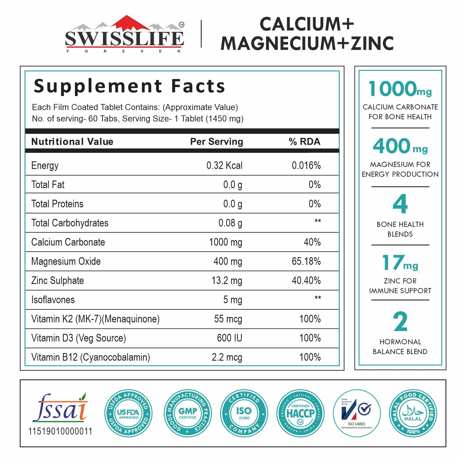 SwissLife Forever Calcium Magnesium Zinc with Vitamin D3, K2 MK7 & B12 | Bone Strength, Immunity & Nerve Health Support | Calcium Supplement for Men & Women | 60 Tablets (Pack of 2)