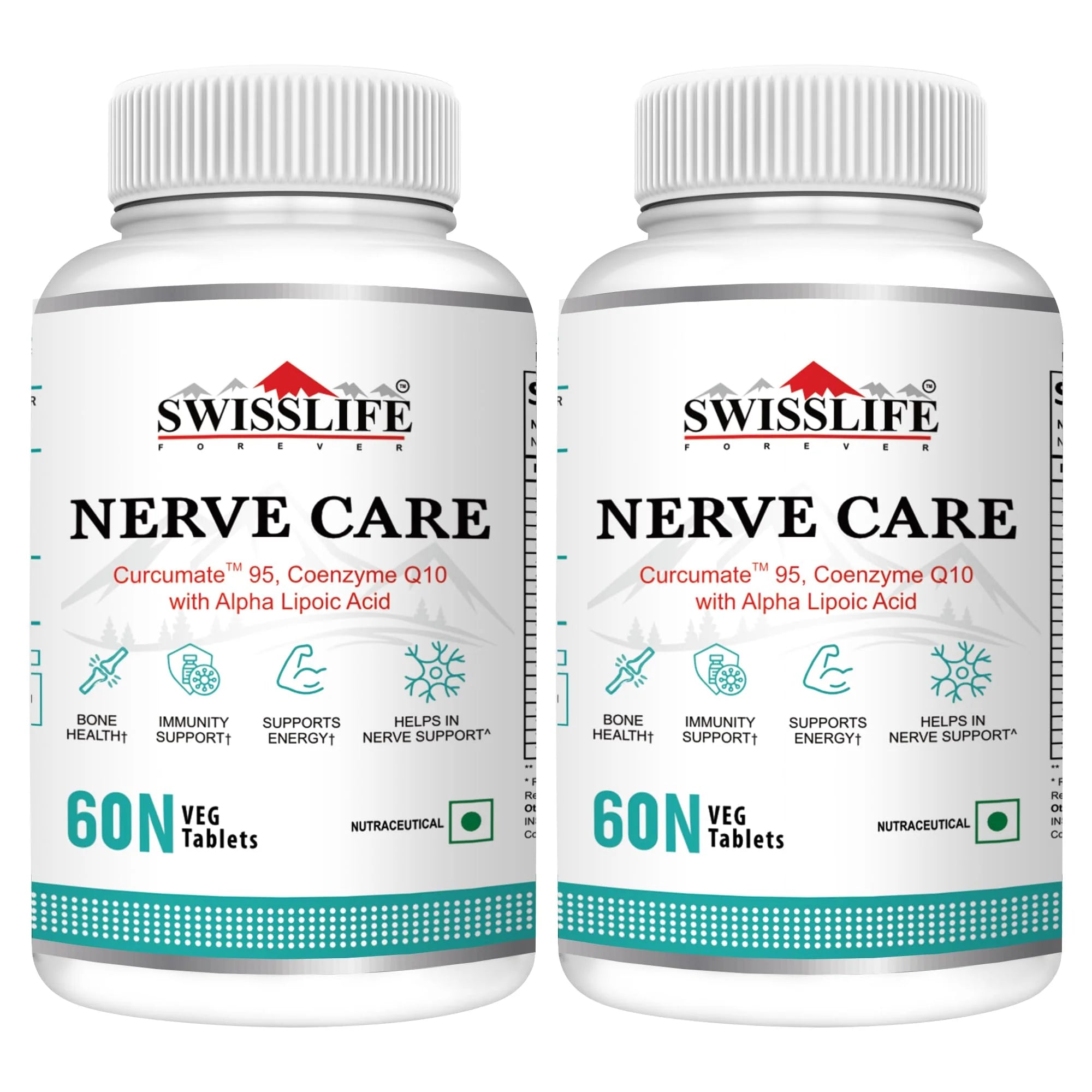 SwissLife Forever Nerve Care Tablets | With Curcumate™ 95 (Curcumin), Coenzyme Q10 & Alpha Lipoic Acid | Supports Nerve Health, Bone Strength, Eye & Skin Wellness | For Men & Women | 60 Tablets