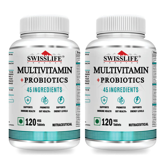 SwissLife Forever Multivitamin with Probiotics | 45 Premium Ingredients | Vitamins A, B Complex, C, D, E, Zinc, Biotin & Giloy | For Men & Women| 120 Tablets (Pack of 2)
