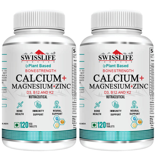 SwissLife Forever Calcium Magnesium Zinc with Vitamin D3, K2, MK7 & B12 | Bone Strength & Immunity Support for Men & Women | 120 Tablets (Pack of 2)