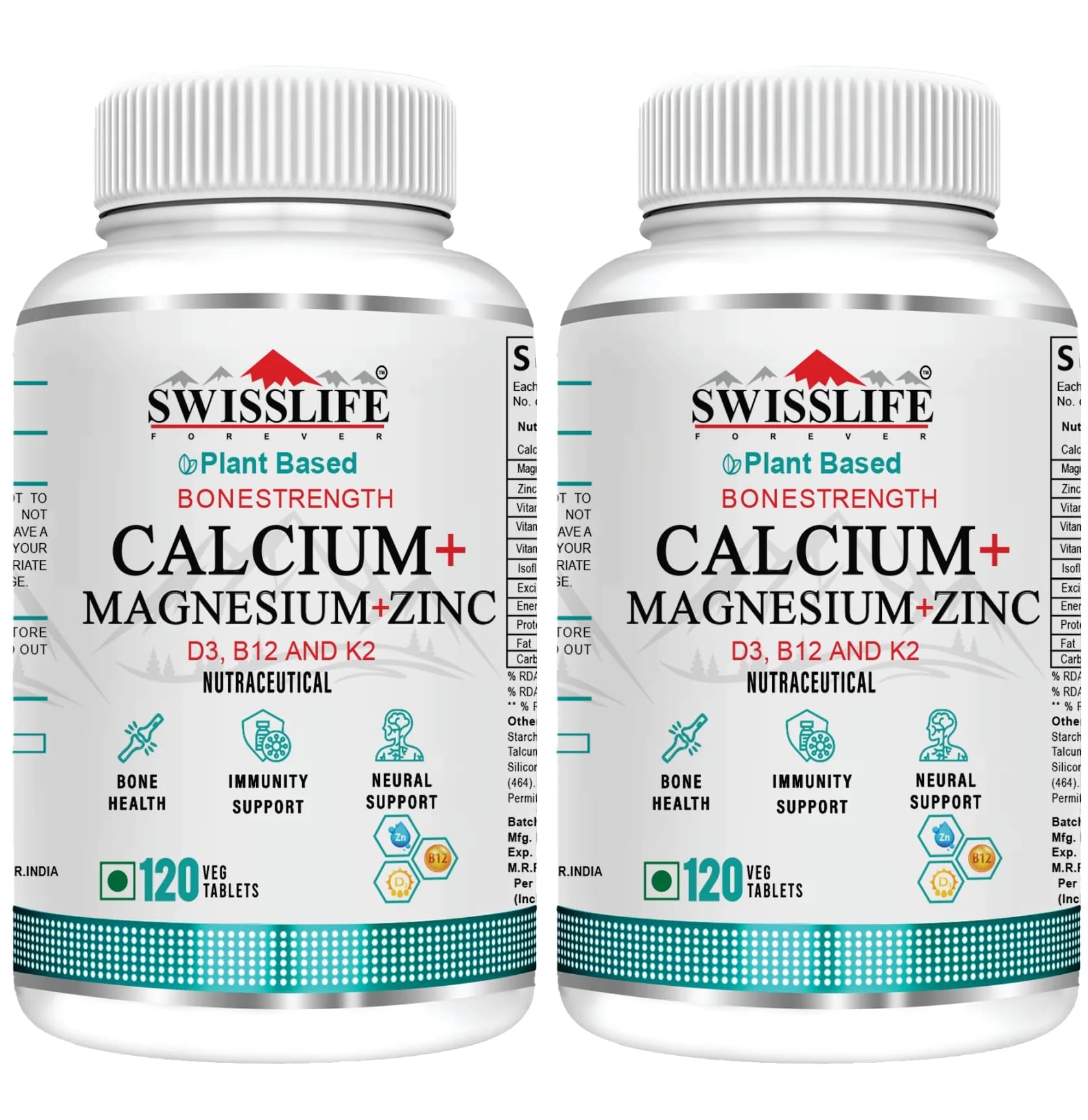 SwissLife Forever Calcium Magnesium Zinc with Vitamin D3, K2 MK7 & B12 | Bone Strength, Immunity & Nerve Health Support | Calcium Supplement for Men & Women | 60 & 120 Tablets