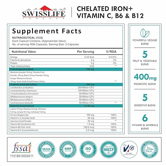 SwissLife Forever Chelated Iron with Folic Acid & Vitamin C | Enriched with Probiotics, Vitamin B6, B9 & B12 | Supports Hemoglobin, Energy & Immunity | 60 Veg Capsules (Pack of 2)
