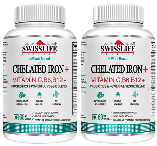 SwissLife Forever Chelated Iron with Folic Acid & Vitamin C | Enriched with Probiotics, Vitamin B6, B9 & B12 | Supports Hemoglobin, Energy & Immunity | 60 Veg Capsules (Pack of 2)