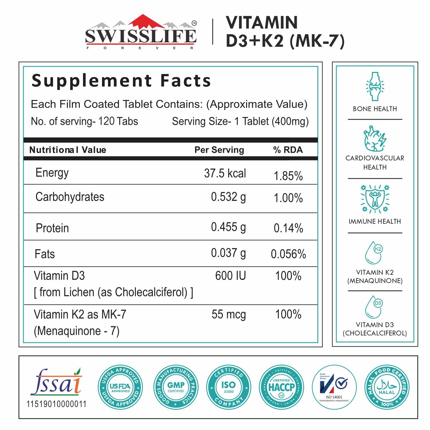 SwissLife Forever Vitamin D3 + K2 (MK7) | Plant-Based Vitamin D3 from Lichen | Supports Immunity, Heart, Muscle & Bone Health | 120 Veg Tablets (Pack of 2)