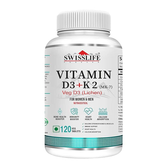 Vegan Vitamin D3 + K2 (MK7) | Vitamin D3 Supplement Veg D3 Lichen for Immunity & Bone Health Booster - Pack of Vegan (60 & 120 Tablets) For Men & Women