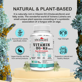 Vegan Vitamin D3 + K2 (MK7) | Vitamin D3 Supplement Veg D3 Lichen for Immunity & Bone Health Booster - Pack of Vegan (60 & 120 Tablets) For Men & Women