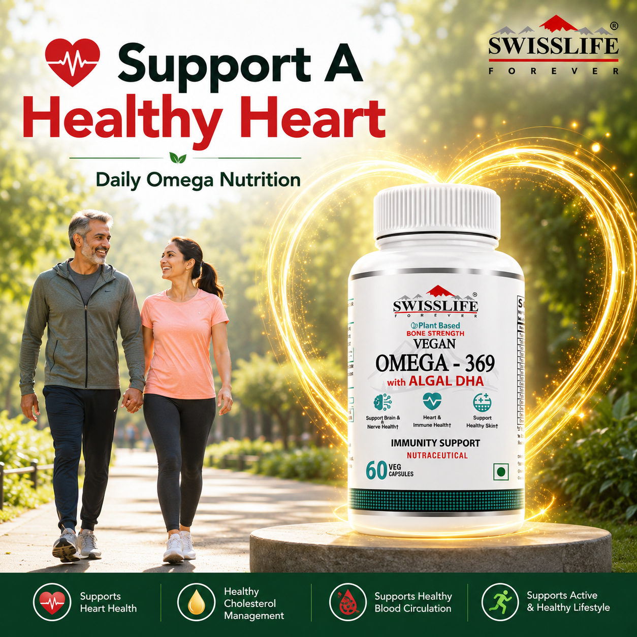 SwissLife Forever Vegan Omega 369 Supplement | Plant-Based Algal Oil | Supports Heart, Brain, Eye, Skin, Hair, Muscle & Bone Health | Natural Nutrition for Men & Women | (60 & 90 Capsules)