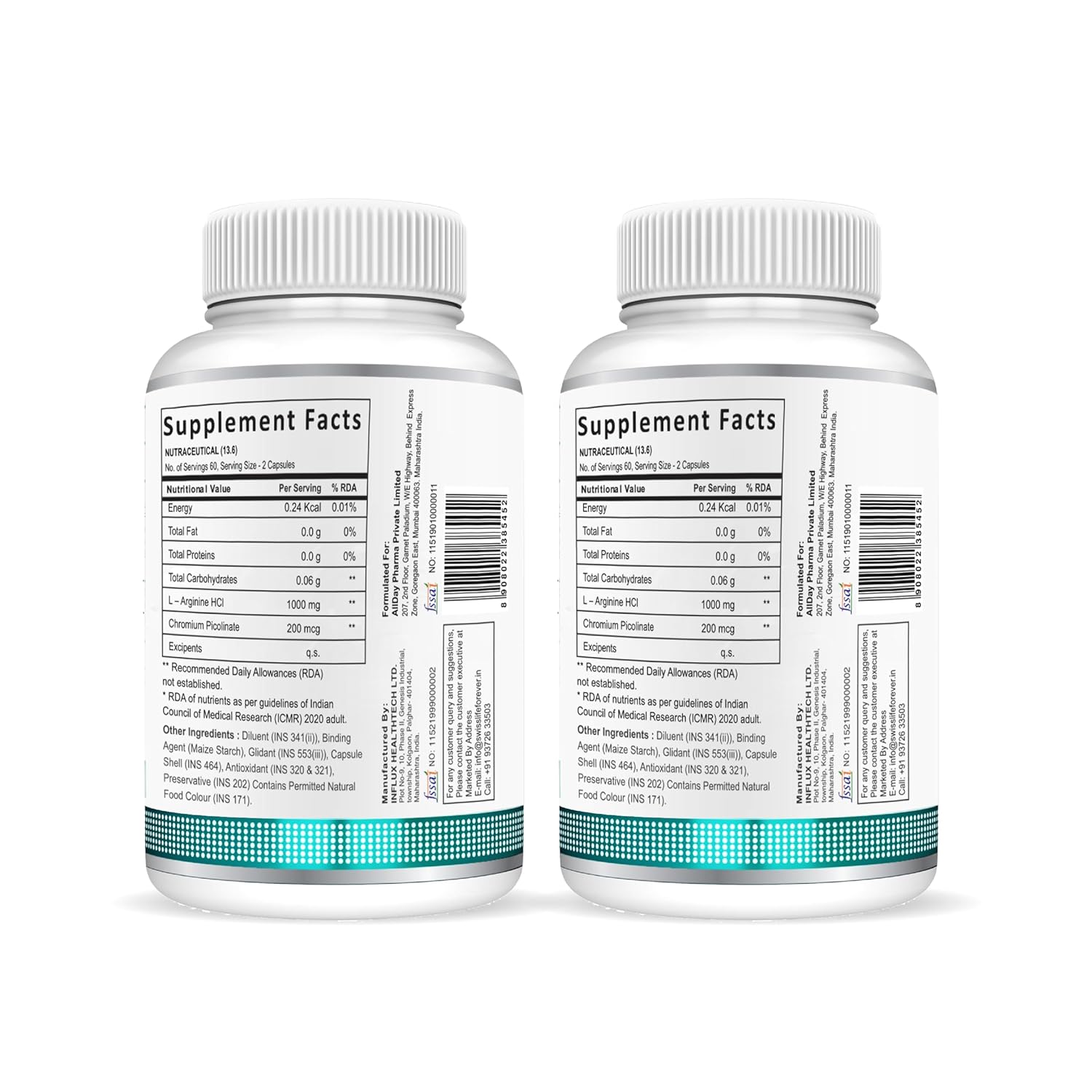 SwissLife Forever L-Arginine 1000mg with Chromium Picolinate | Supports Metabolism, Blood Sugar Balance & Heart Health | Pre-Workout Energy Booster | For Men & Women | 120 Vegan Capsules (Pack of 2)