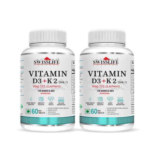 SwissLife Forever Vitamin D3 + K2 (MK7) | Plant-Based Vitamin D3 from Lichen | Supports Immunity, Heart, Muscle & Bone Health | 60 Veg Tablets (Pack of 2)