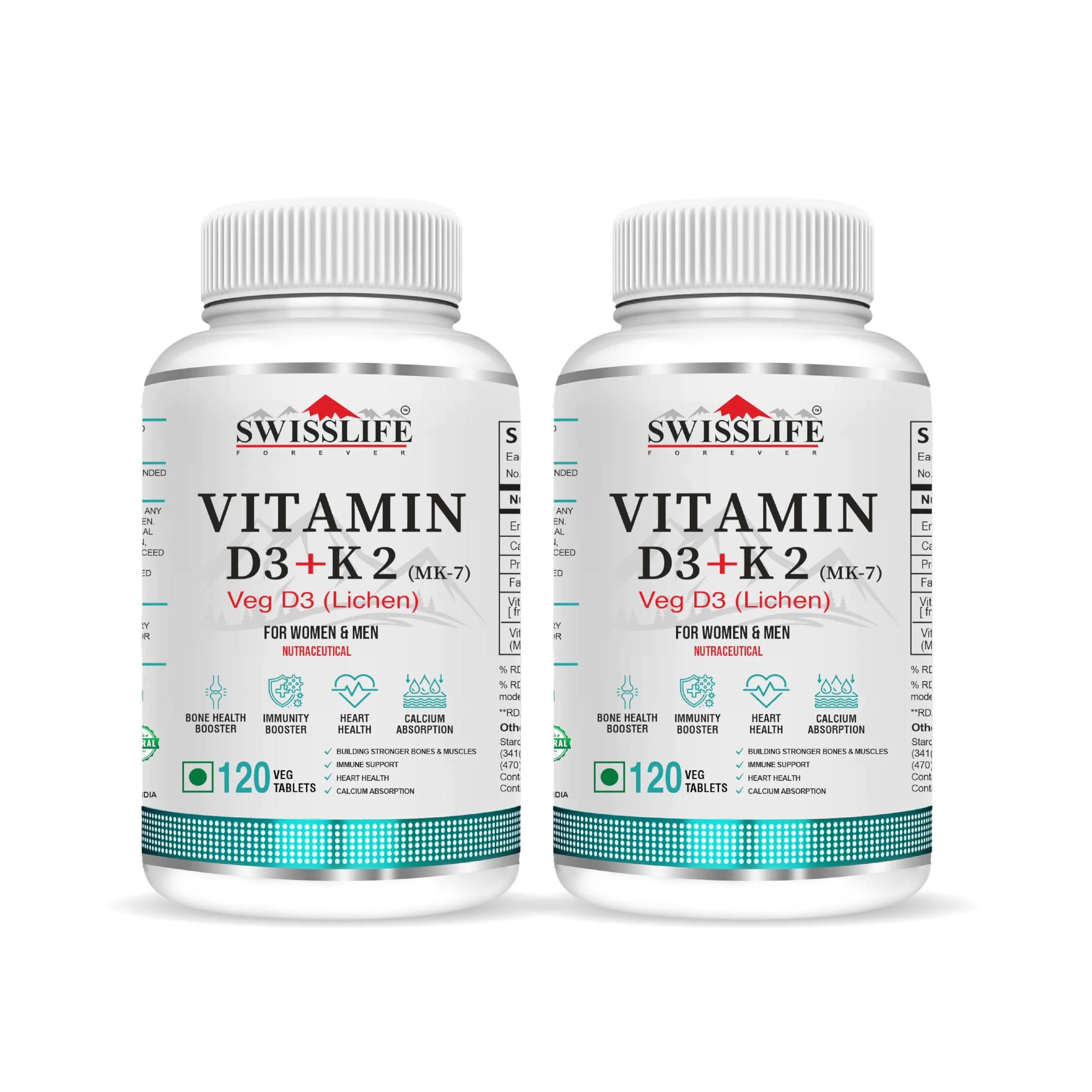 SwissLife Forever Vitamin D3 + K2 (MK7) | Plant-Based Vitamin D3 from Lichen | Supports Immunity, Heart, Muscle & Bone Health | Men & Women |(60 & 120 Tablets)