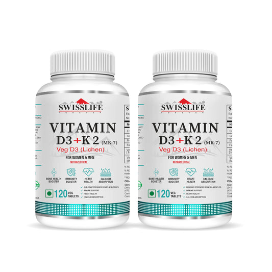 SwissLife Forever Vitamin D3 + K2 (MK7) | Plant-Based Vitamin D3 from Lichen | Supports Immunity, Heart, Muscle & Bone Health | 120 Veg Tablets (Pack of 2)