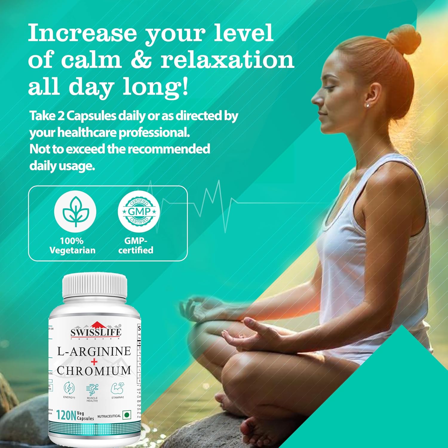SwissLife Forever L-Arginine 1000mg with Chromium Picolinate | Supports Metabolism, Blood Sugar Balance & Heart Health | Pre-Workout Energy Booster | For Men & Women | 120 Vegan Capsules (Pack of 2)