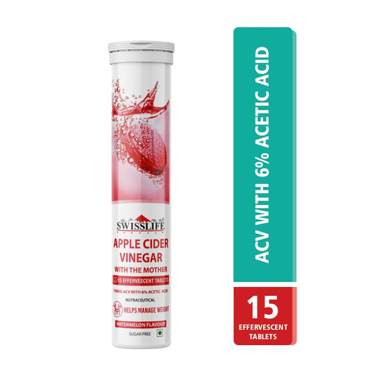 SwissLife Forever Apple Cider Vinegar Effervescent Tablets with Vitamin B6 & B12 | 750 mg | Plant-Based | Supports Digestion & Metabolism | Watermelon Flavour | 15 Tablets (Pack of 1)