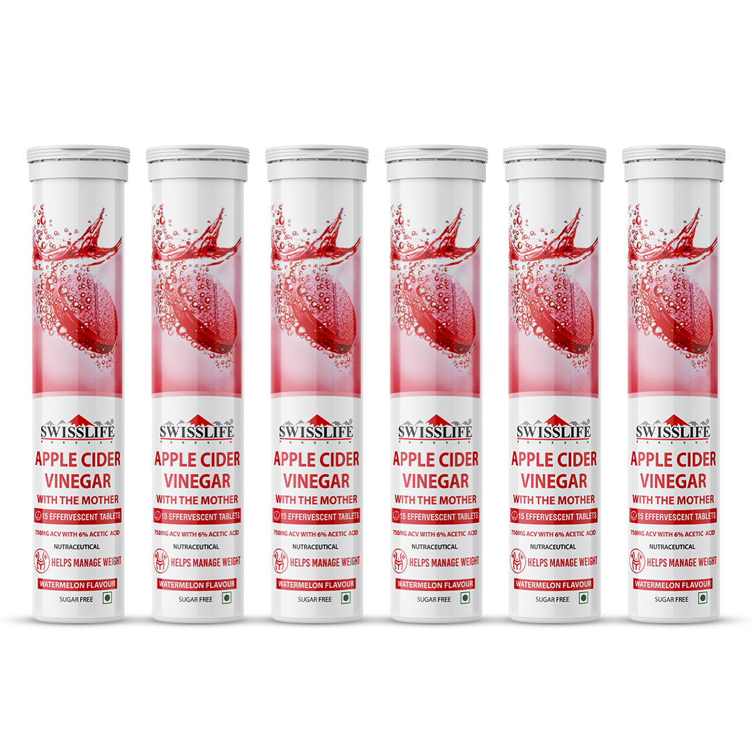 SwissLife Forever Apple Cider Vinegar Effervescent Tablets with Vitamin B6 & B12 | 750 mg | Plant-Based | Supports Digestion & Metabolism | Watermelon Flavour | 15 Tablets (Pack of 1)