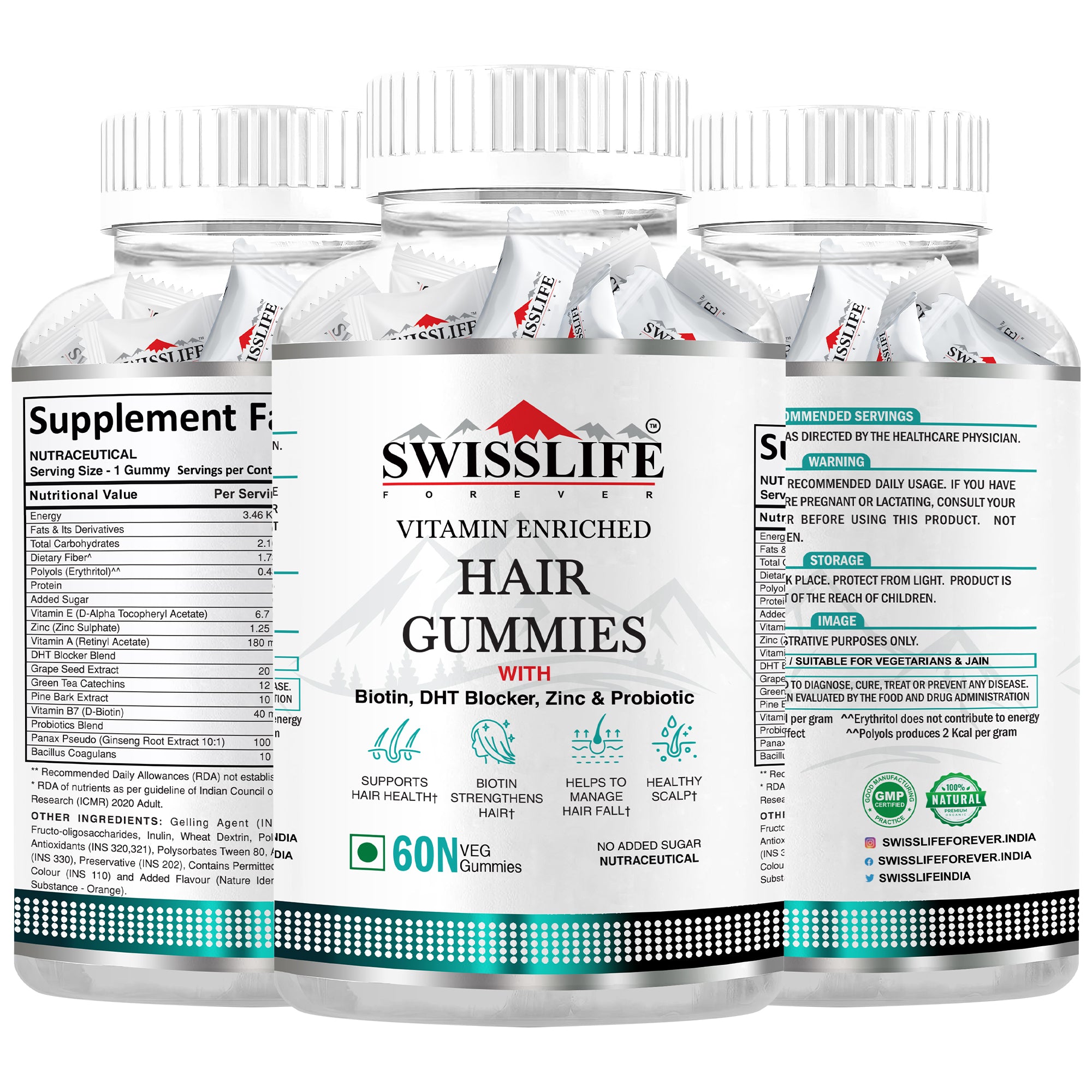 SwissLife Forever Hair Gummies with Biotin, DHT Blocker, Zinc & Probiotics | Supports Hair Growth, Scalp Health & Helps Reduce Hair Fall | For Men & Women | Vitamin-Enriched Gummies | 60 Gummies