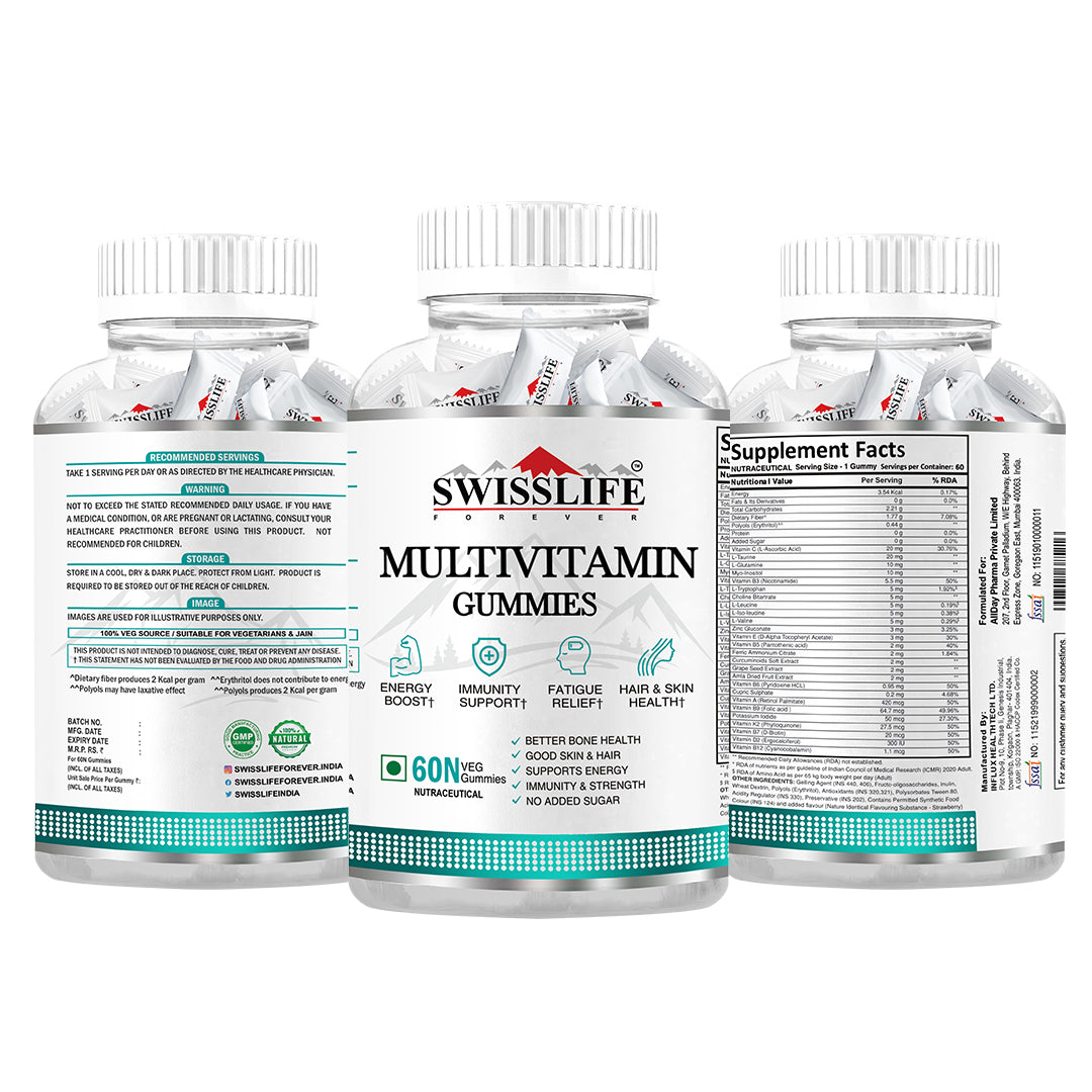 SwissLife Forever Multivitamin Gummies with Folic Acid & Vitamin C | Enriched with Vitamins A, D, E, B6, B9, B12 | Sugar-Free | Supports Immunity & Overall Health | 60 Veg Gummies