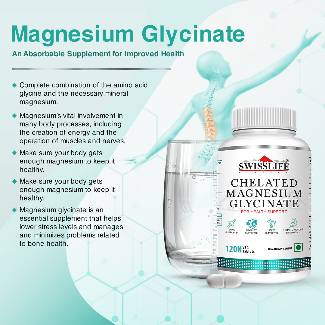SwissLife Forever Chelated Magnesium Glycinate Tablets | Dietary Supplement with Magnesium & Amino Acids | Supports Bone, Muscle & Heart Health | For Men & Women | 120 Tablets