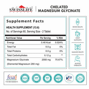 Chelated Magnesium Glycinate | Dietary Tablets | 2000mg For Health Support – Veg (120 Tablets) for Men & Women