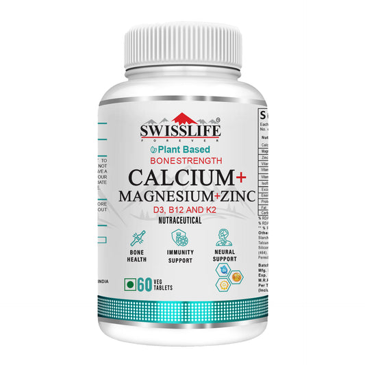 SwissLife Forever Calcium Magnesium Zinc with Vitamin D3, K2 MK7 & B12 | Bone Strength, Immunity & Nerve Health Support | Calcium Supplement for Men & Women | 60 & 120 Tablets