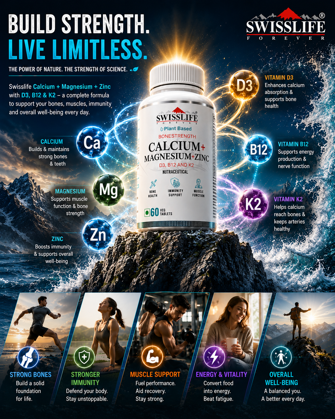 SwissLife Forever Calcium Magnesium Zinc with Vitamin D3, K2, MK7 & B12 | Bone Strength & Immunity Support for Men & Women | 120 Tablets (Pack of 2)