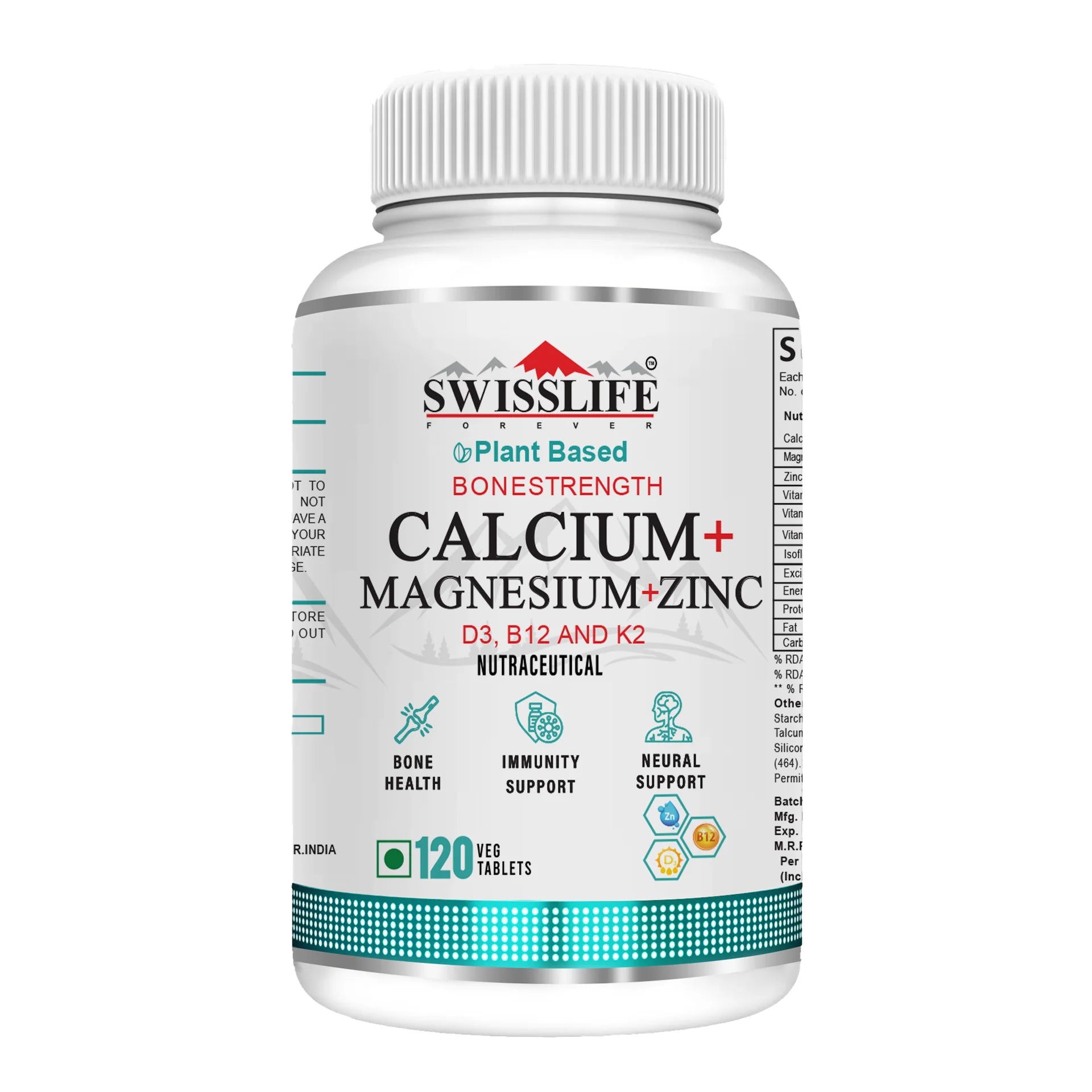 SwissLife Forever Calcium Magnesium Zinc with Vitamin D3, K2 MK7 & B12 | Bone Strength, Immunity & Nerve Health Support | Calcium Supplement for Men & Women | 60 & 120 Tablets
