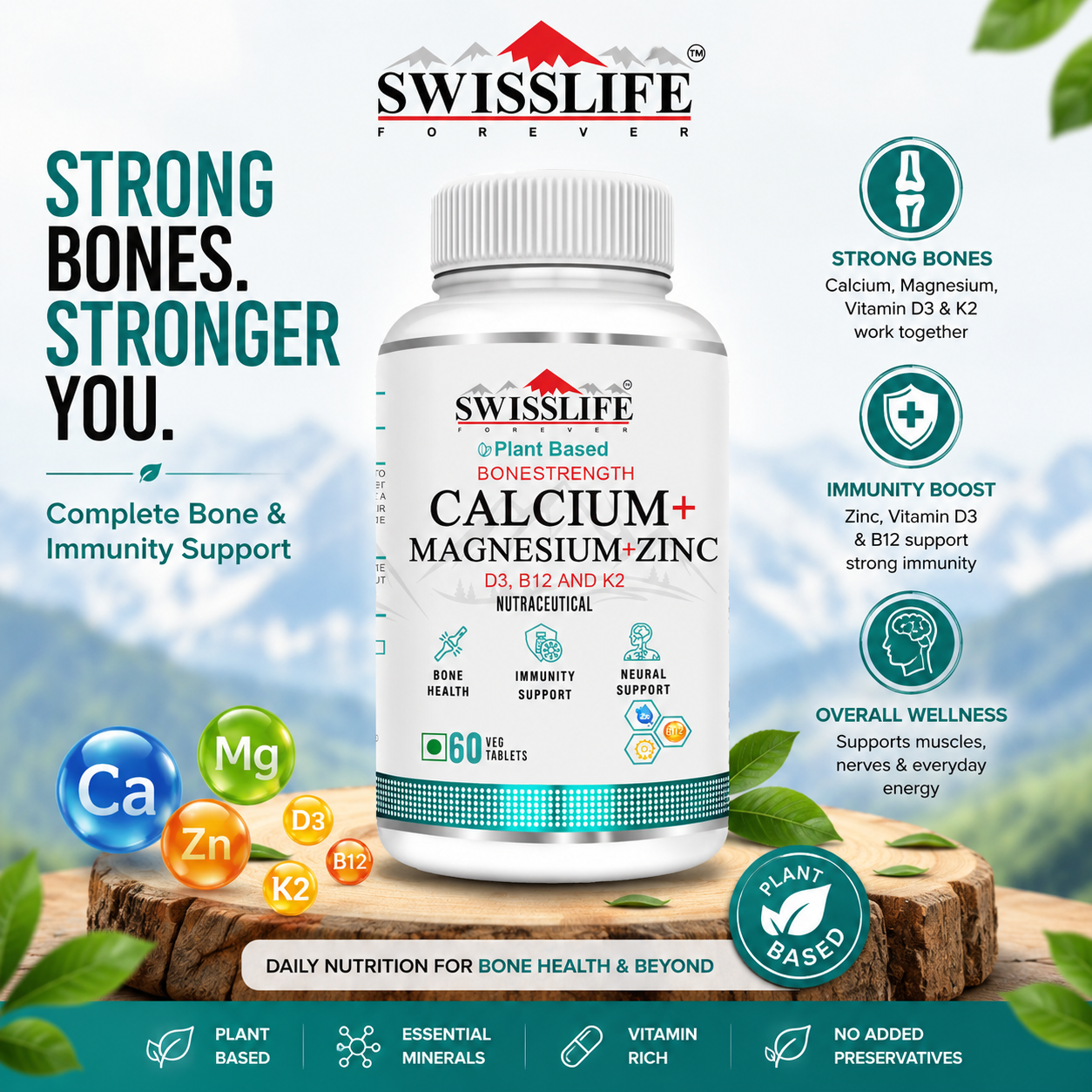 SwissLife Forever Calcium Magnesium Zinc with Vitamin D3, K2, MK7 & B12 | Bone Strength & Immunity Support for Men & Women | 120 Tablets (Pack of 2)
