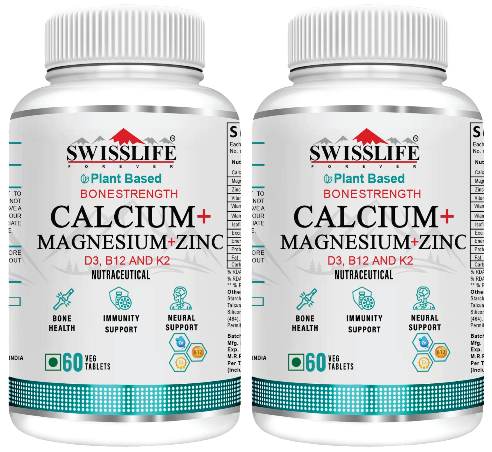 SwissLife Forever Calcium Magnesium Zinc with Vitamin D3, K2 MK7 & B12 | Bone Strength, Immunity & Nerve Health Support | Calcium Supplement for Men & Women | 60 & 120 Tablets