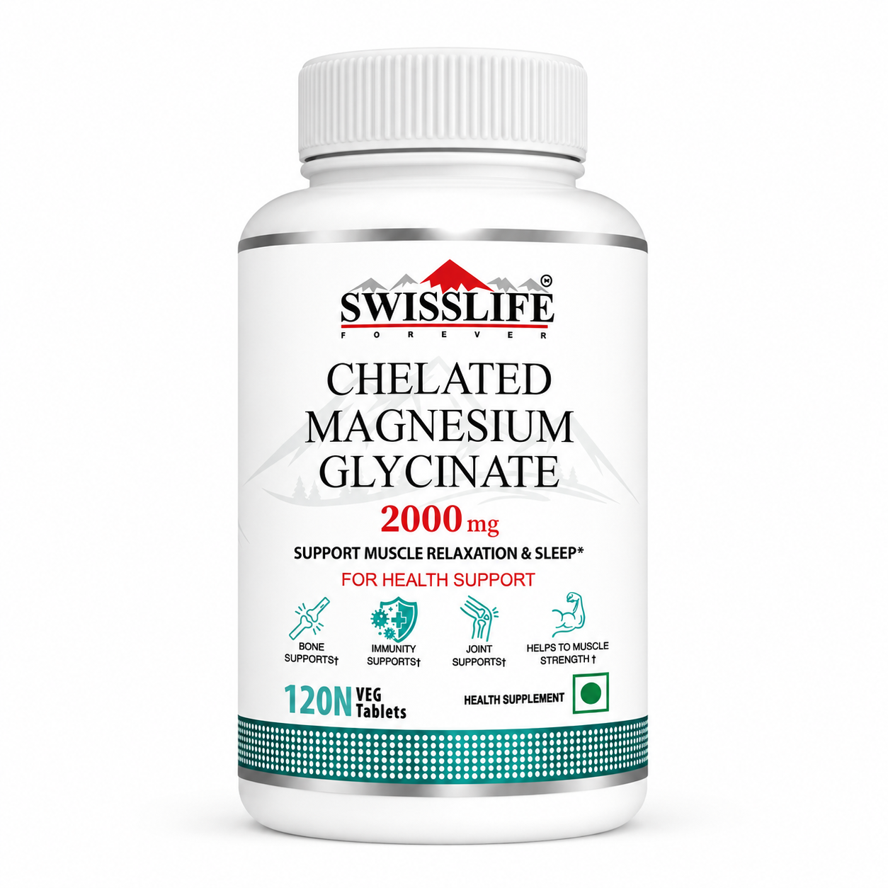 SwissLife Forever Chelated Magnesium Glycinate Tablets | Dietary Supplement with Magnesium & Amino Acids | Supports Bone, Muscle & Heart Health | For Men & Women | 120 Tablets