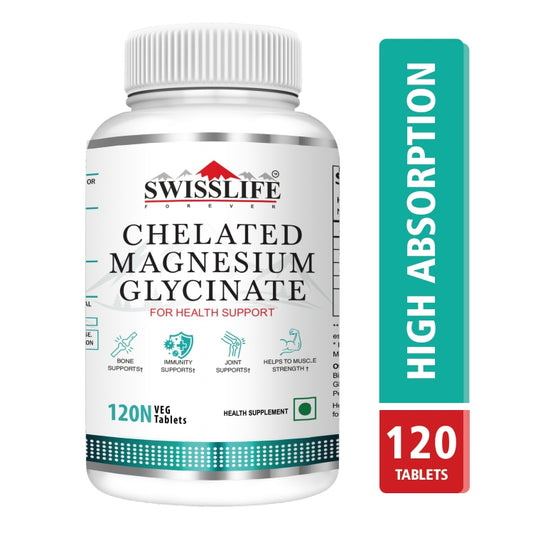 SwissLife Forever Chelated Magnesium Glycinate Tablets | Dietary Supplement with Magnesium & Amino Acids | Supports Bone, Muscle & Heart Health | For Men & Women | 120 Tablets
