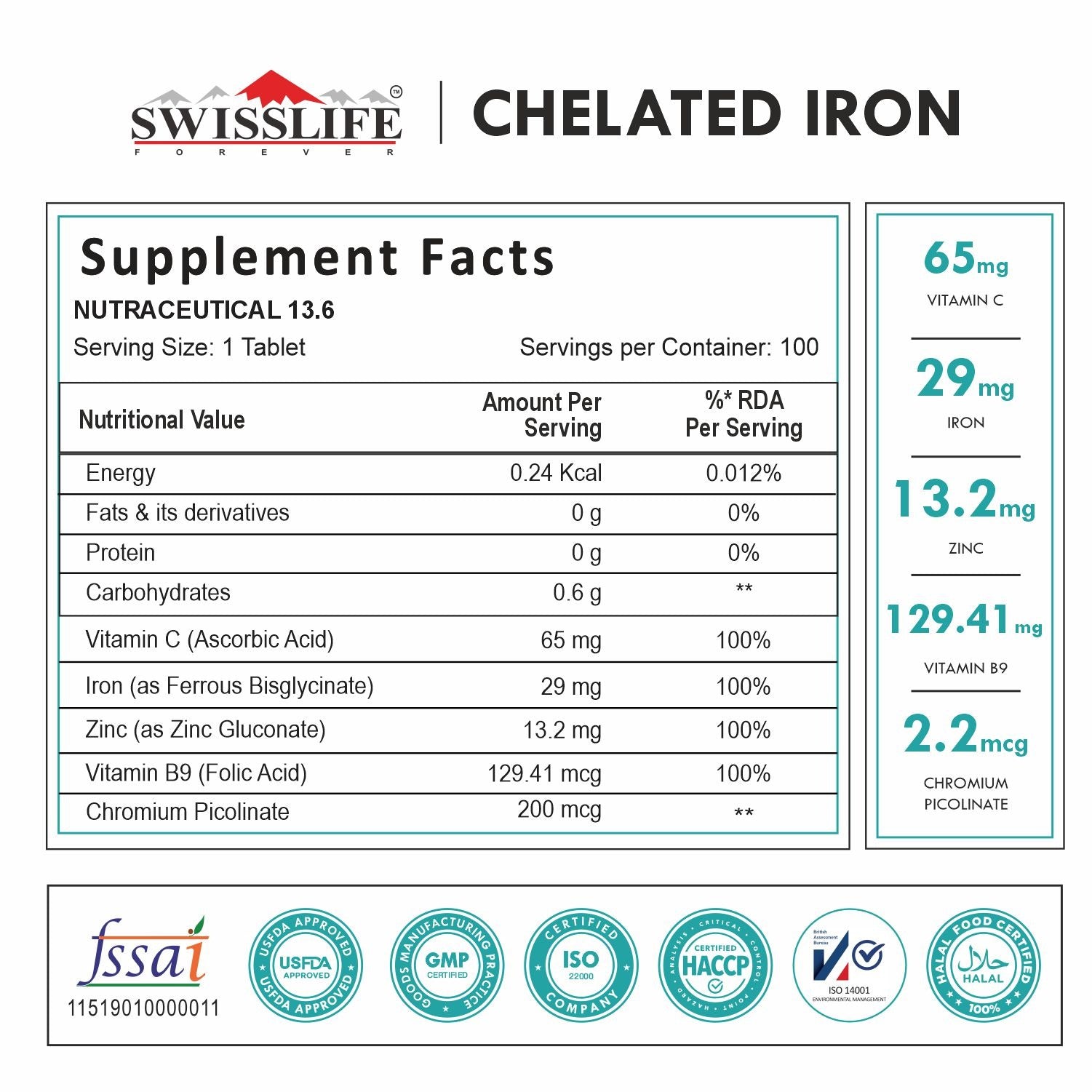 SwissLife Forever Chelated Iron Tablets | Iron, Vitamin C, Zinc, Folic Acid & Vitamin B12 Formula for Anemia Support, Energy, Immunity, and Overall Health for Men & Women | 100 Tablets