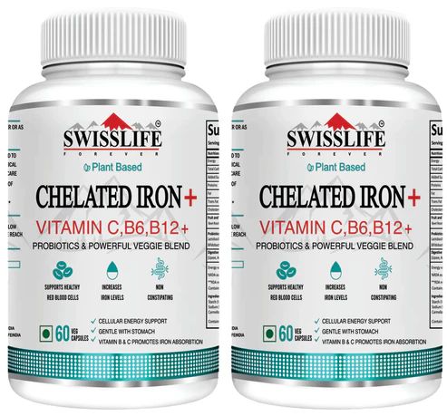SwissLife Forever Chelated Iron with Folic Acid & Vitamin C | Enriched with Probiotics, Vitamin B6, B9 & B12 | Supports Hemoglobin, Energy & Immunity | 60 Veg Capsules (Pack of 1)