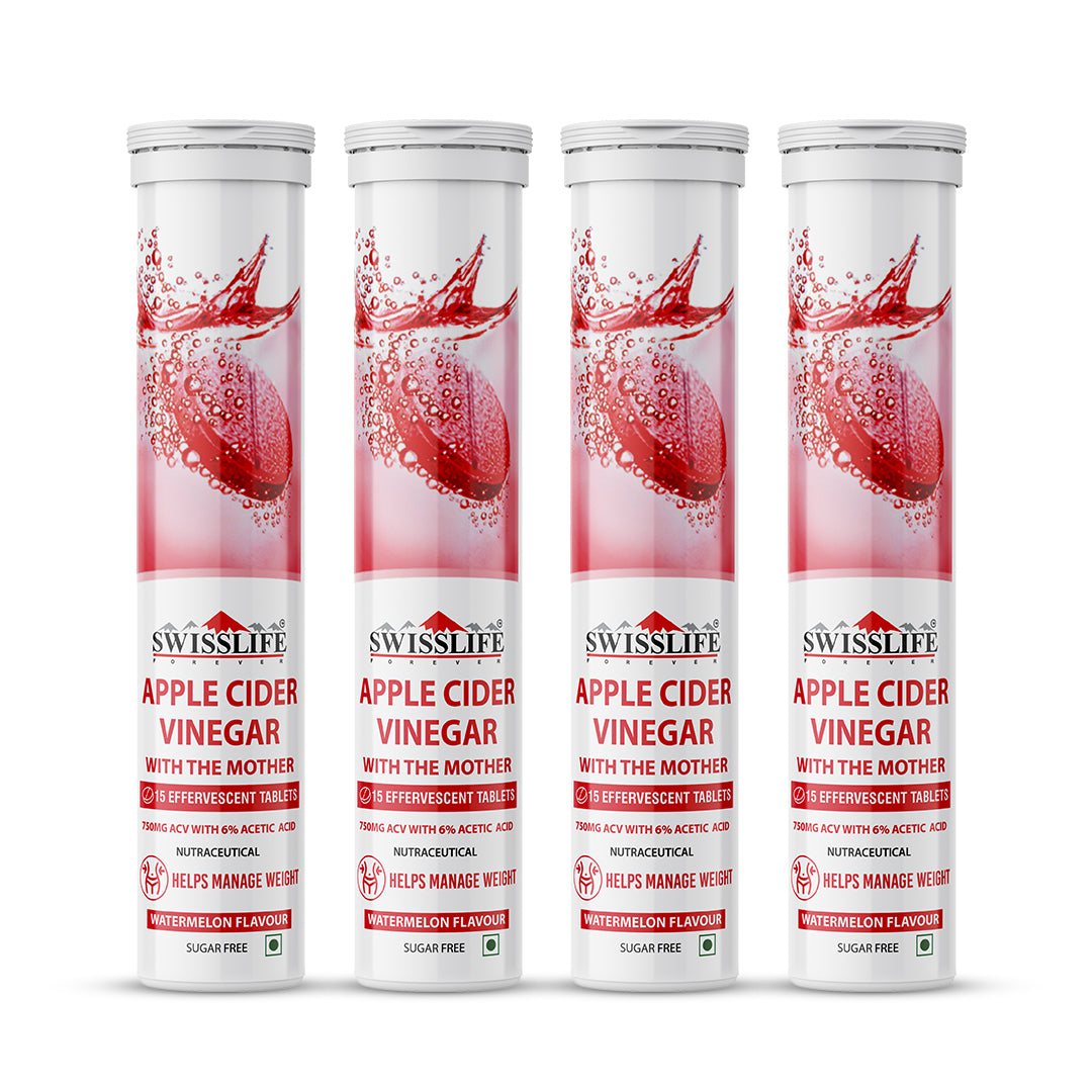 SwissLife Forever Apple Cider Vinegar Effervescent Tablets with Vitamin B6 & B12 | 750 mg | Plant-Based | Supports Digestion & Metabolism | Watermelon Flavour | 15 Tablets (Pack of 1)