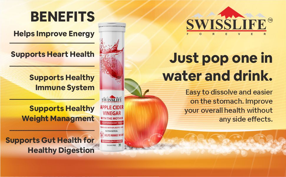 SwissLife Forever Apple Cider Vinegar Effervescent Tablets with Vitamin B6 & B12 | 750 mg | Plant-Based | Supports Digestion & Metabolism | Watermelon Flavour | 15 Tablets (Pack of 1)